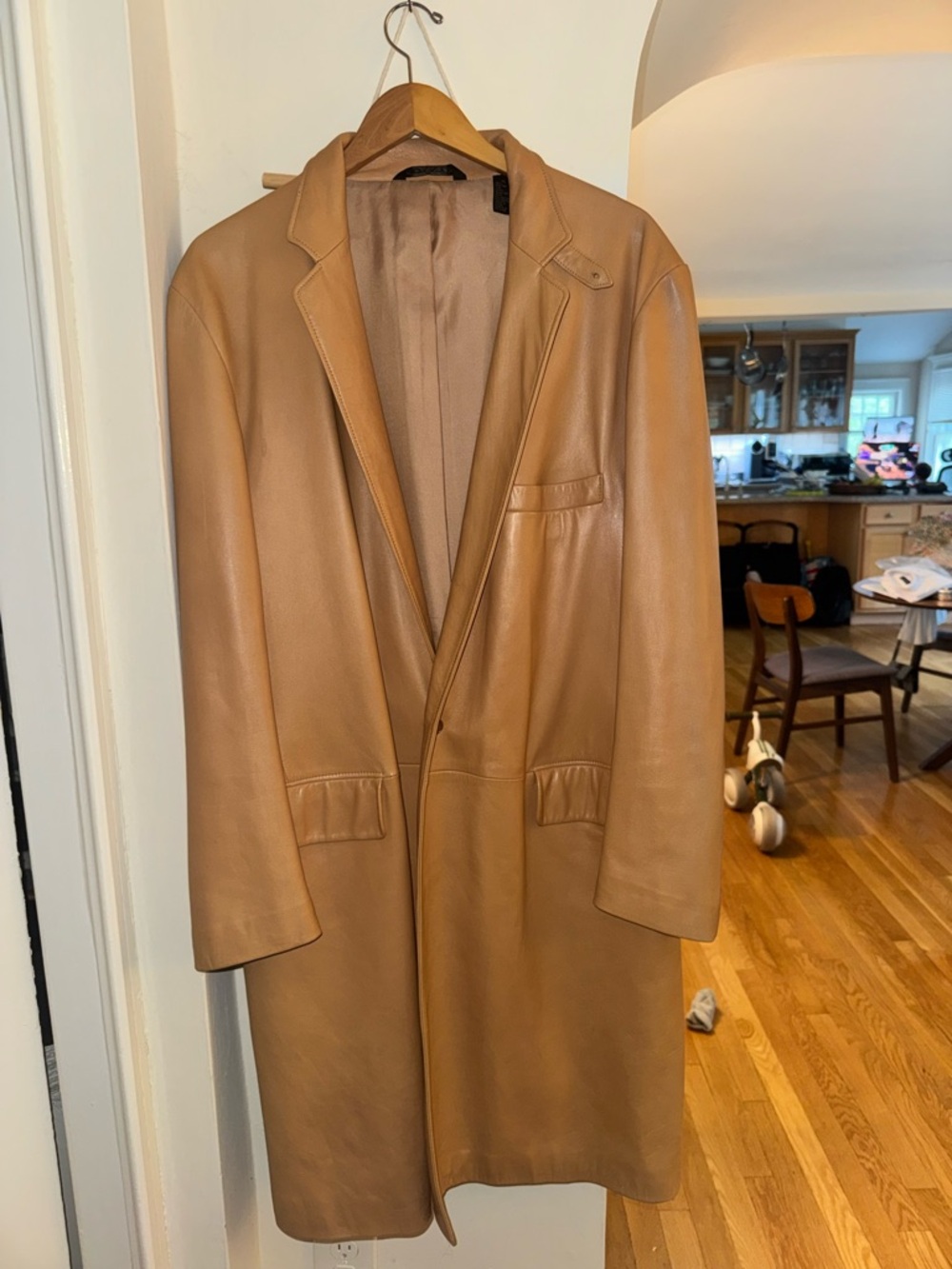 DKNY Men's Camel Leather Trench Coat